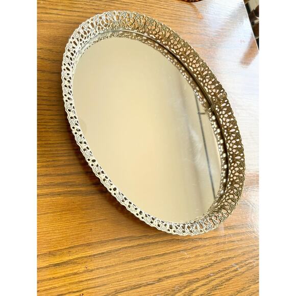 Vintage Brass Floral Filigree Mirrored Vanity Tray: Art Nouveau Organizer - Picture 3 of 6